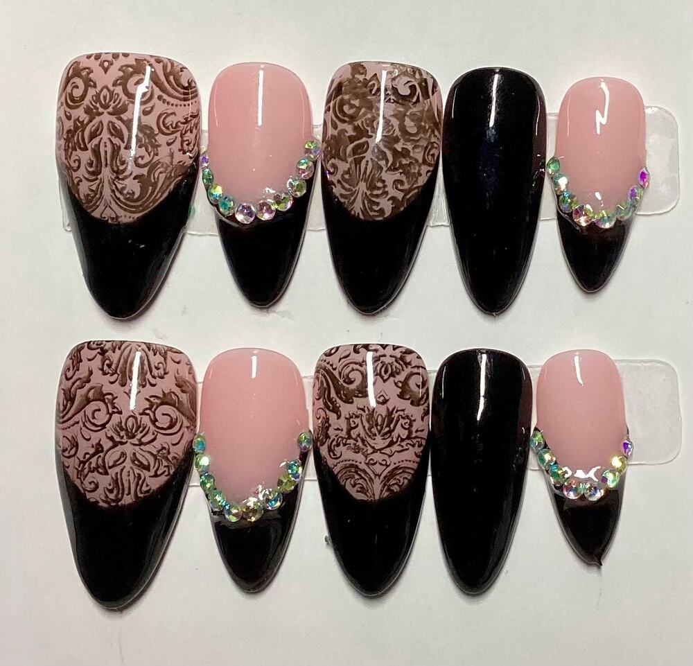 Soft Glam Gothic Black Lace Gem French Tips Handmade Almond Press-On Nails Large